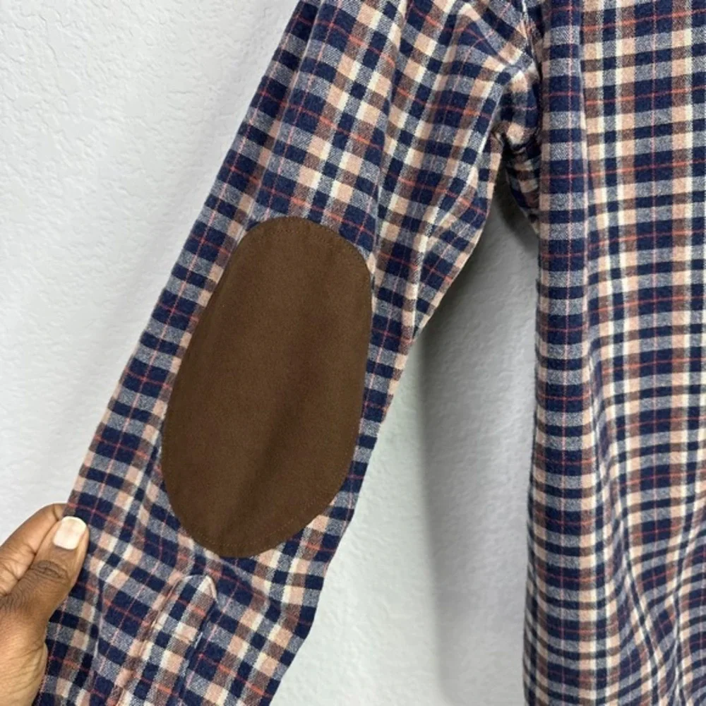 J.Crew Shirt Mens‎ Small Brown Plaid Elbow Patch Hunting Outdoor Hiking Gorpcore